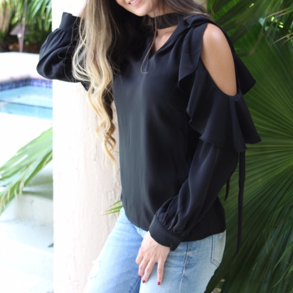 NWT open shoulder black ruffle top